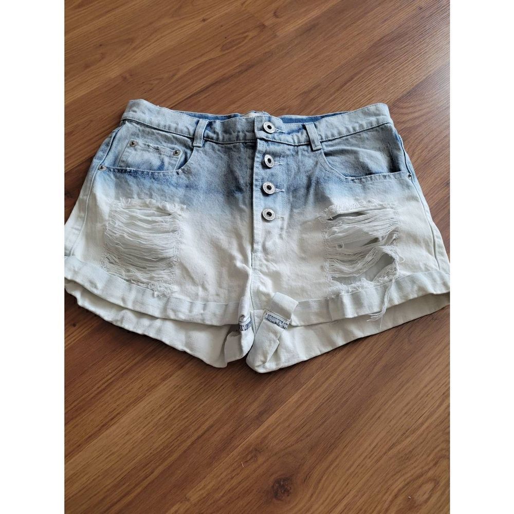 En Creme Ombre Distressed Denim Shorts‎ Blue White High Waisted Button Fly Small
